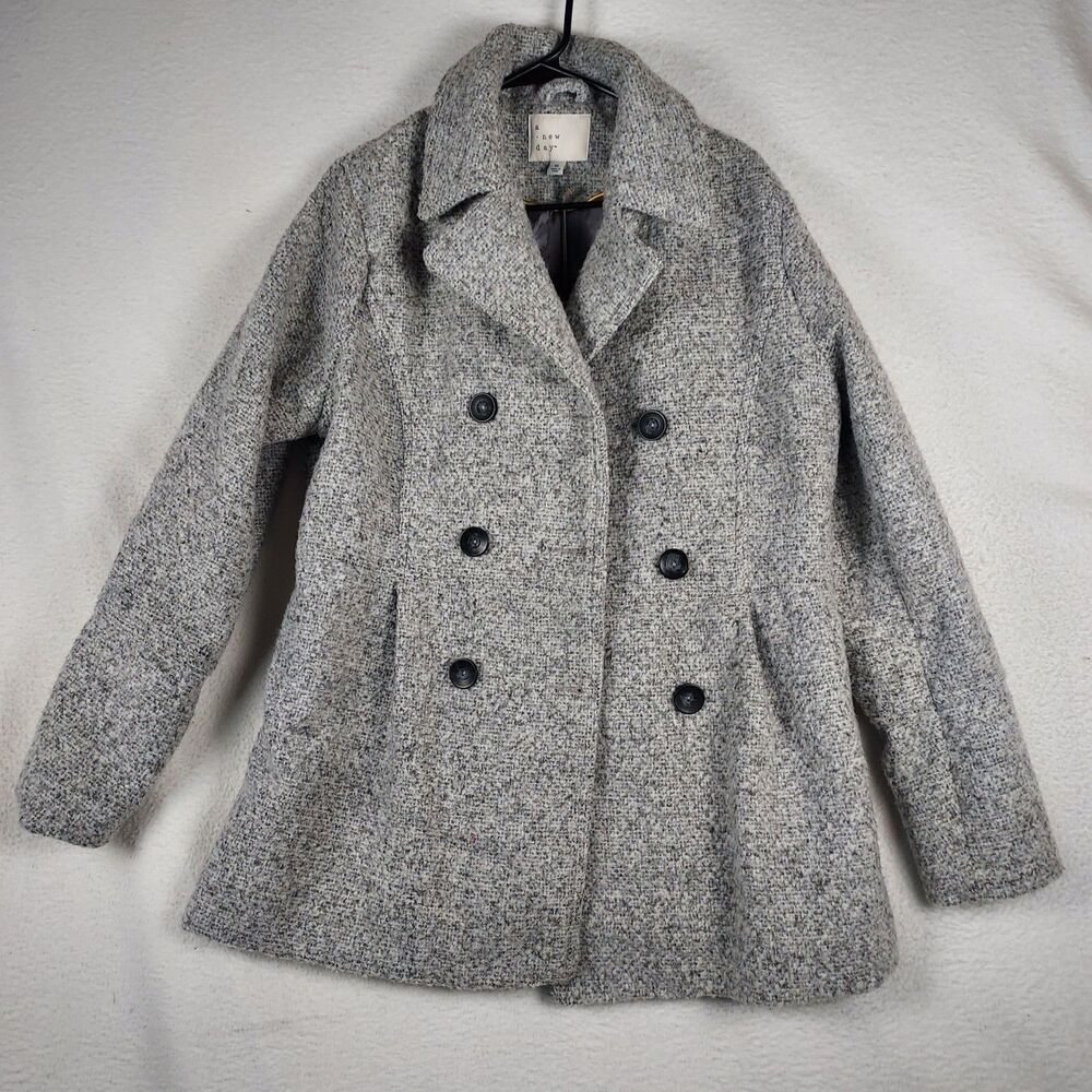 A New Day Womens XL Grey Peacoat Double Breasted Polyester Blend Look Jacket NWT